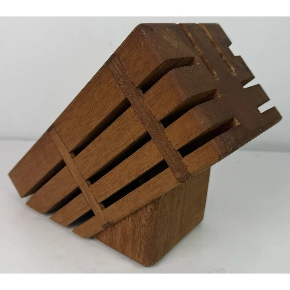 Vintage Wooden‎ 8 Slot Knife Block MCM Retro Kitchen Angled Countertop Organizer